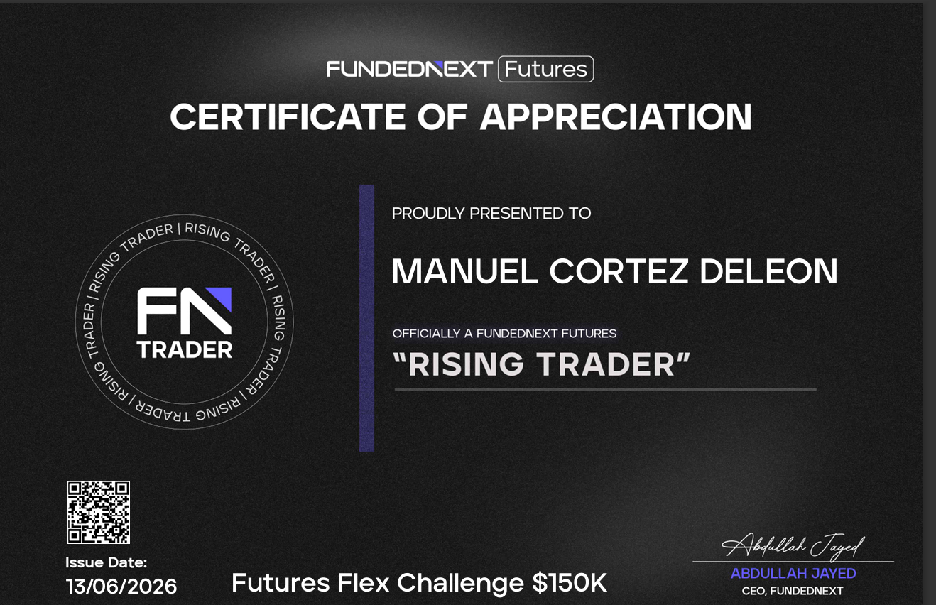 Certificado FundedNext Futures Rising Trader de Manuel Cortez Deleon